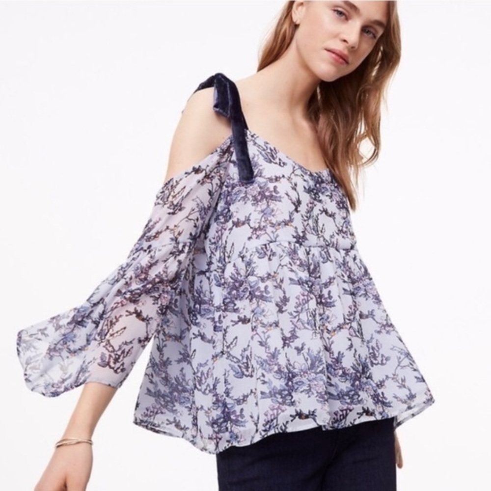 Loft Blue Floral Cold Shoulder Chiffon Blouse with Velvet Straps Sz.L NWT!